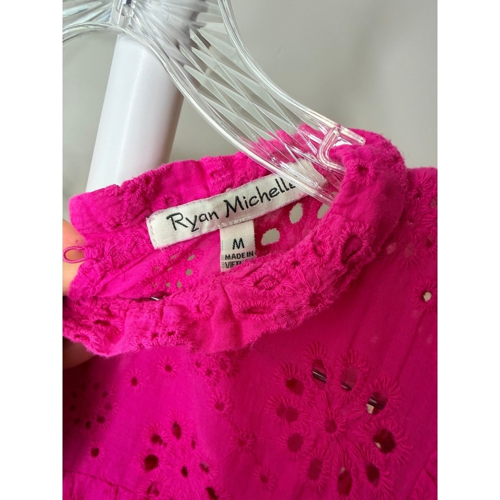 Ryan Michelle Hot Pink Eyelet Lace Mini Dress Cotton Ruffle Tiered Boho M - Picture 5 of 8
